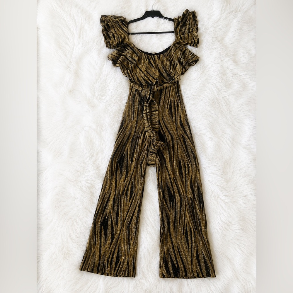 Vintage BLUES Gold Black Metallic Jumpsuit Size M Flawed As Is